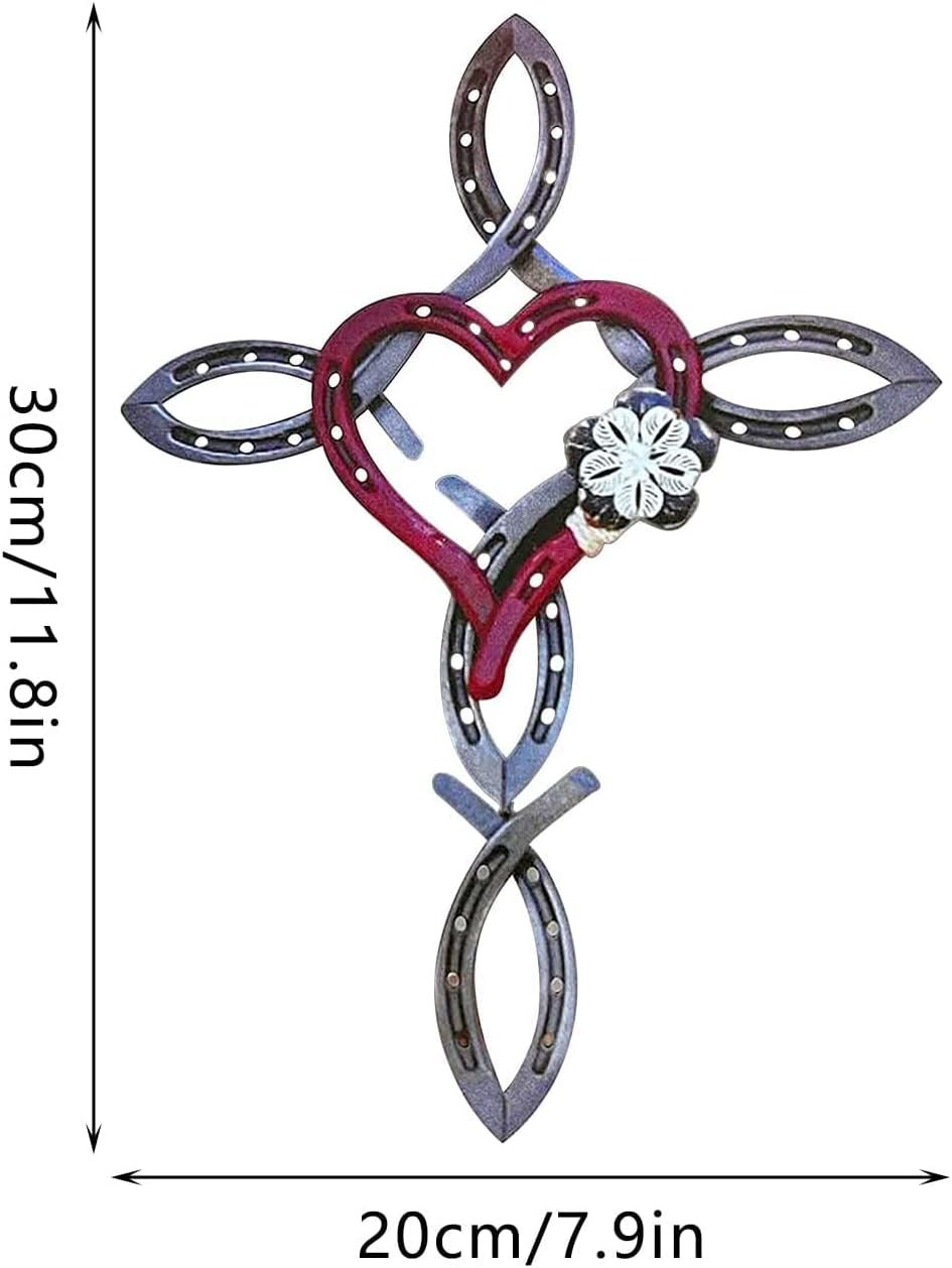 Handcrafted Horseshoe Cross with Heart – Rustic Metal Wall Art of Faith & Love