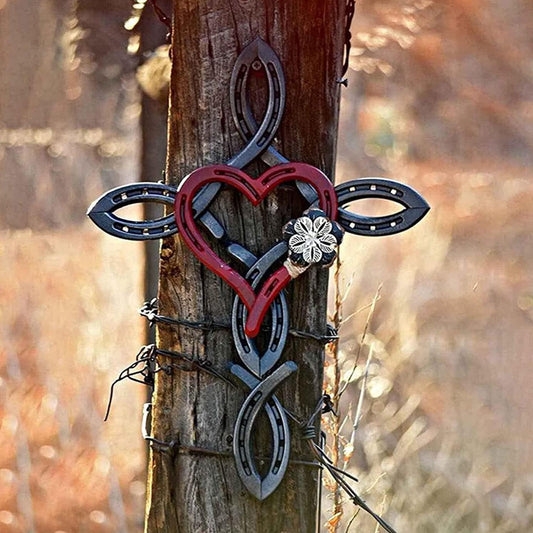 Handcrafted Horseshoe Cross with Heart – Rustic Metal Wall Art of Faith & Love